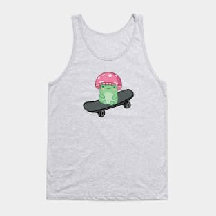 Kawaii Frog On Skateboard With Mushroom Hat Tank Top